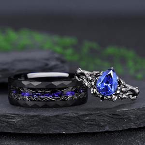 Natural Pear cut Inspired Leaf sapphire Tungsten Men's Band Nature Vine Blue Couples Rings - anerjuly