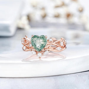 Nature Heart Moss Agate Unique Couple Ring His and Her Matching Wedding Band - anerjuly