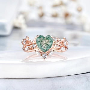 Nature Heart Moss Agate Unique Couple Ring His and Her Matching Wedding Band - anerjuly