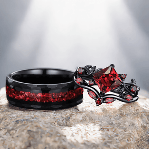 Nature Inspired Garnet Engagement Ring Black Gold Couple Rings Tungsten Wedding Band Promise Ring for Her - anerjuly