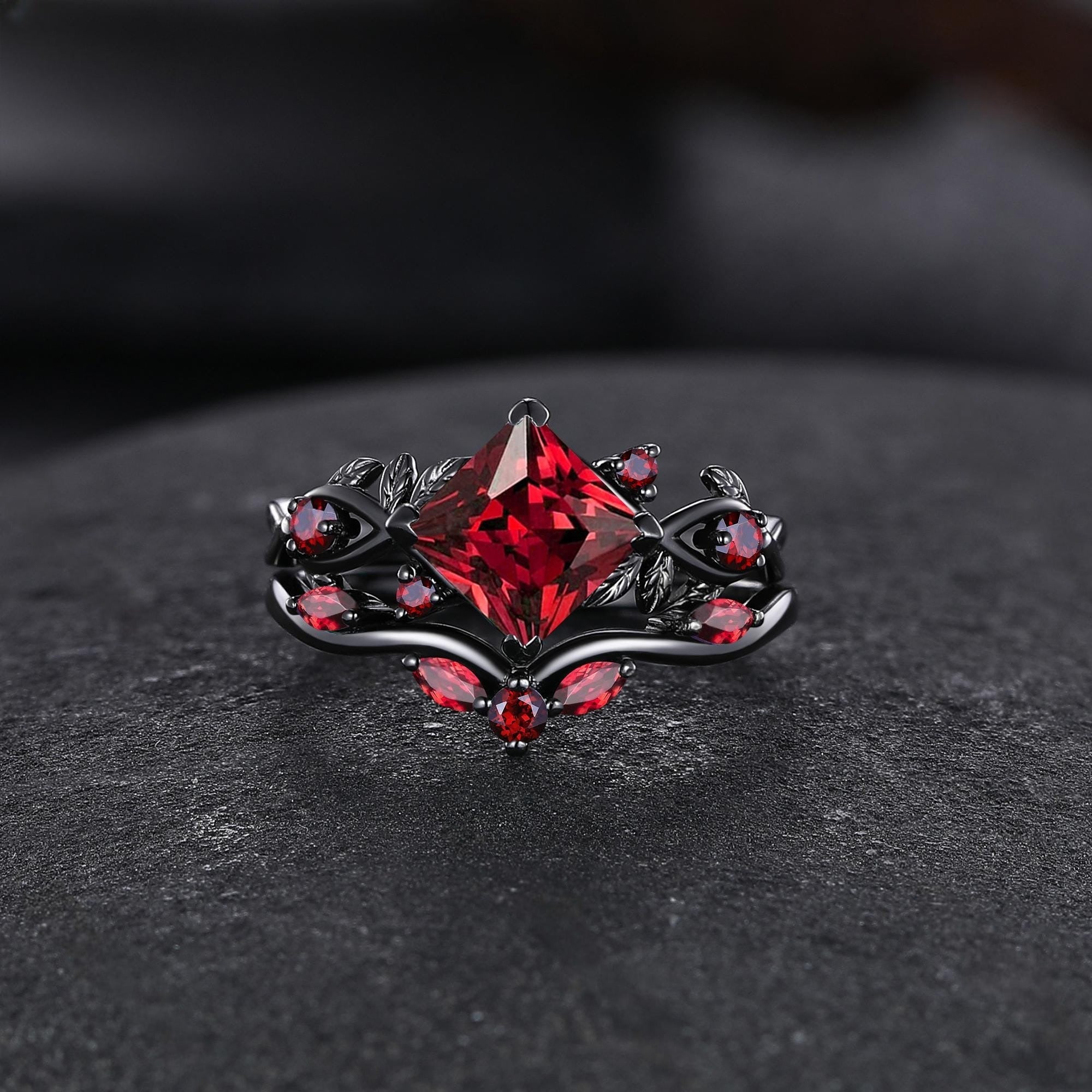 Nature Inspired Garnet Engagement Ring Black Gold Couple Rings Tungsten Wedding Band Promise Ring for Her - anerjuly