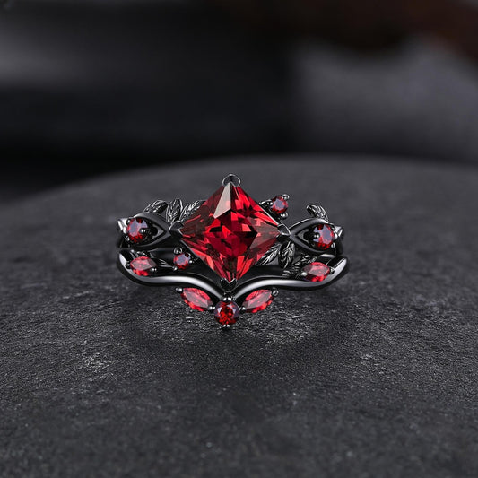 Nature Inspired Garnet Engagement Ring Black Gold Couple Rings Tungsten Wedding Band Promise Ring for Her - anerjuly