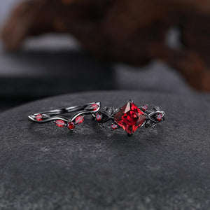 Nature Inspired Garnet Engagement Ring Black Gold Couple Rings Tungsten Wedding Band Promise Ring for Her - anerjuly