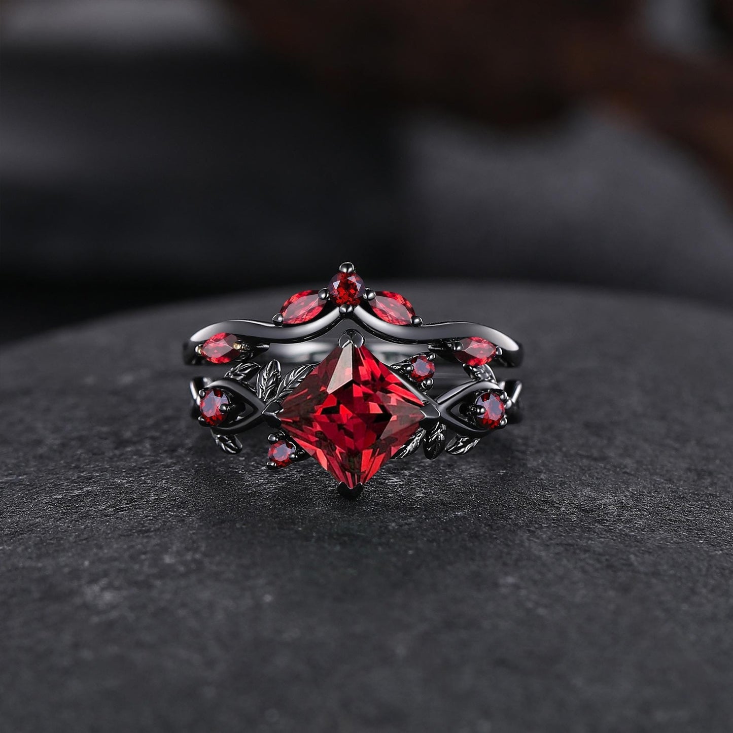 Nature Inspired Garnet Engagement Ring Black Gold Couple Rings Tungsten Wedding Band Promise Ring for Her - anerjuly