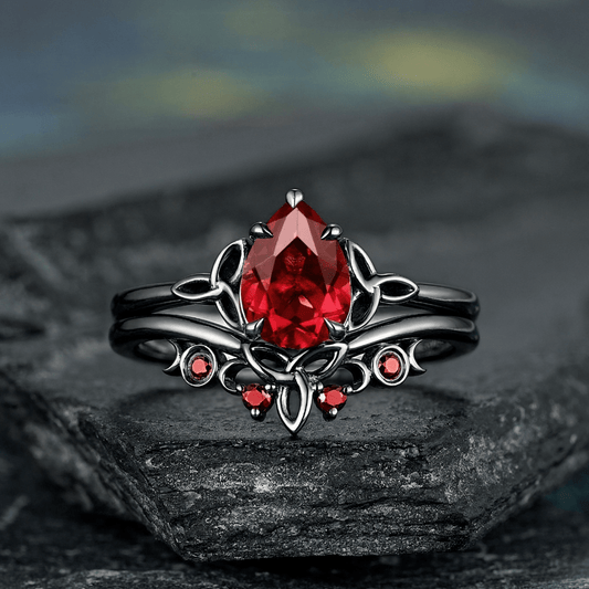 Nature Inspired Garnet Ring Black Gold Couple Rings Tungsten Wedding Band Promise Ring for Her - anerjuly