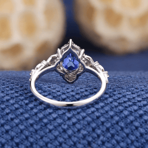 Nature Inspired Leaf Design with Tear Drop Blue Stone Black Tungsten Matching Couples Rings - anerjuly