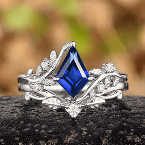 Nature Inspired Leaf Sapphire Couple Ring Set - anerjuly