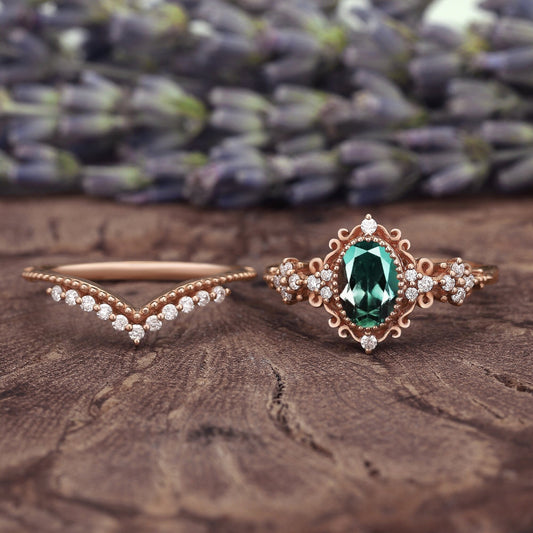 Nature Inspired Oval Shape Emerald Leaf Engagement Ring Set Rose Gold Vine Wedding Set Twig Branch Promise Ring for Women - anerjuly