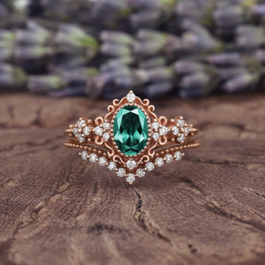Nature Inspired Oval Shape Emerald Leaf Engagement Ring Set Rose Gold Vine Wedding Set Twig Branch Promise Ring for Women - anerjuly