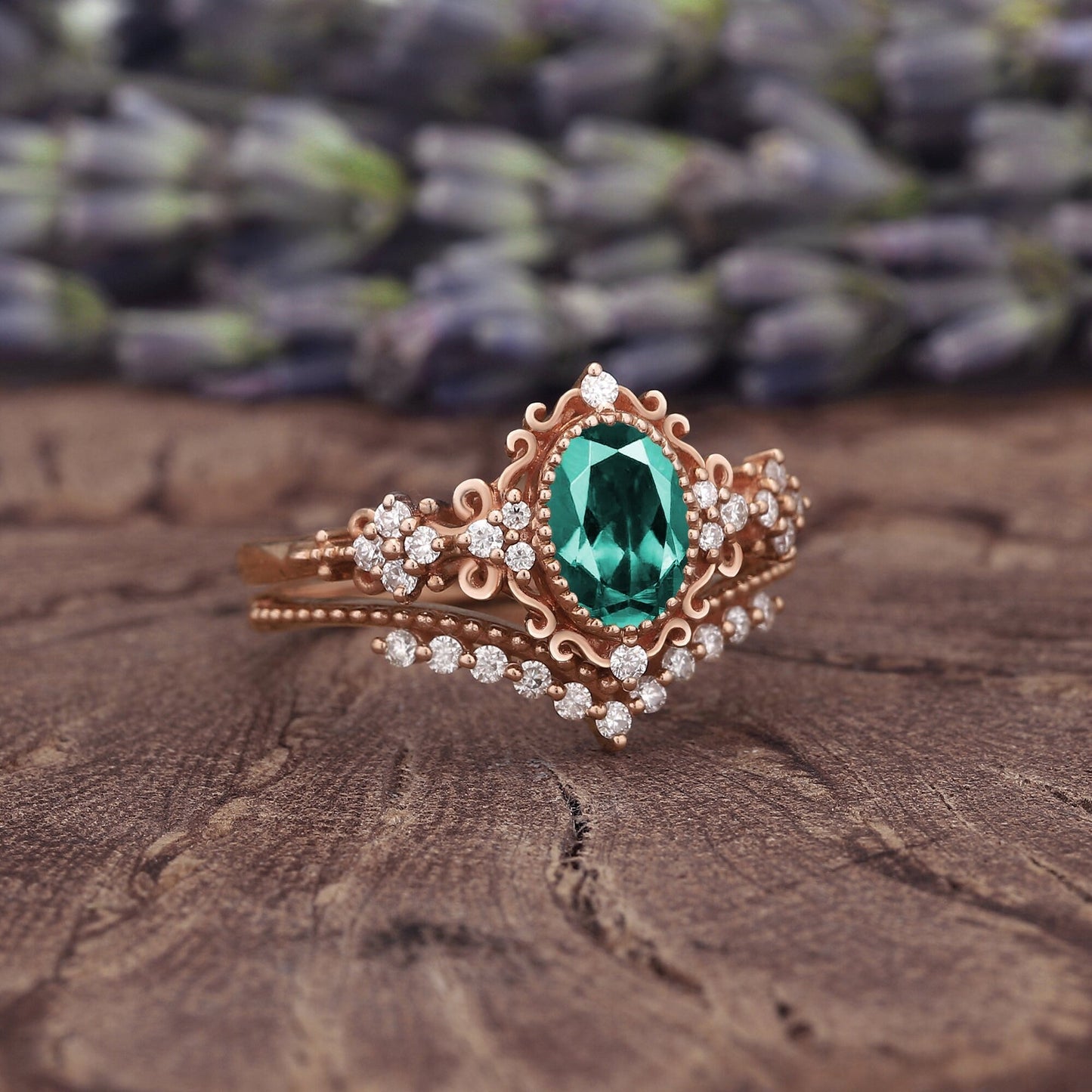 Nature Inspired Oval Shape Emerald Leaf Engagement Ring Set Rose Gold Vine Wedding Set Twig Branch Promise Ring for Women - anerjuly