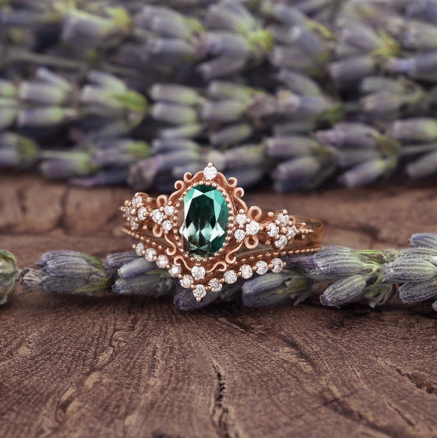 Nature Inspired Oval Shape Emerald Leaf Engagement Ring Set Rose Gold Vine Wedding Set Twig Branch Promise Ring for Women - anerjuly