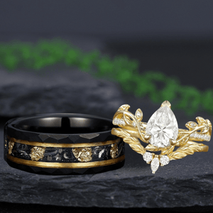 Nature - Inspired Pear Cut Bridal Set Couple Ring Set His and Her Engagement Ring matching rings - anerjuly