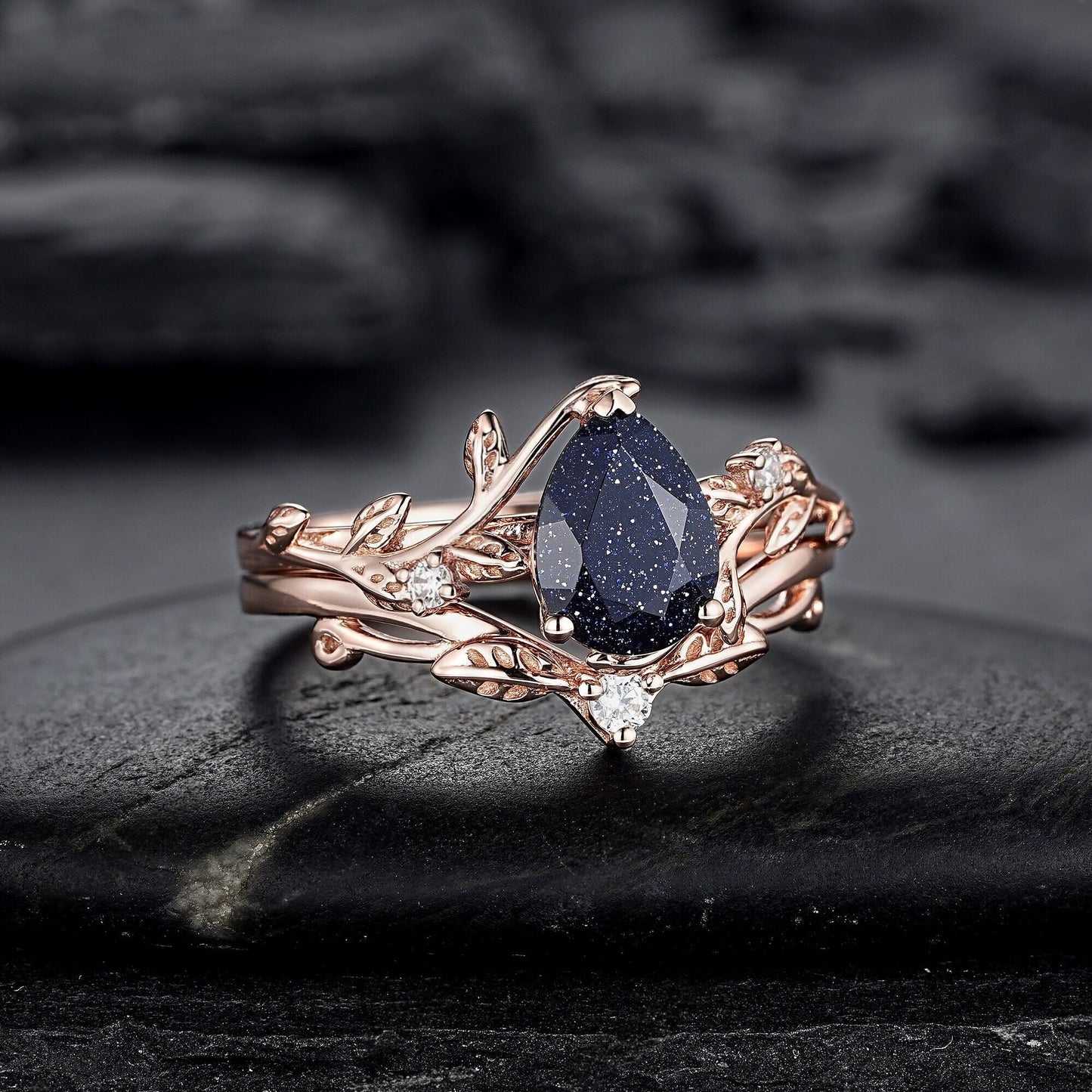 Nature Inspired Pear Shape Blue Sandstone Leaf Engagement Ring Set Rose Gold Twig Branch Promise Ring, Vine Anniversary Gift for Women - anerjuly