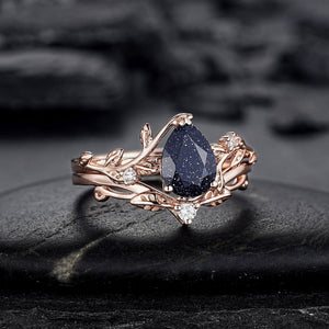 Nature Inspired Pear Shape Blue Sandstone Leaf Engagement Ring Set Rose Gold Twig Branch Promise Ring, Vine Anniversary Gift for Women - anerjuly