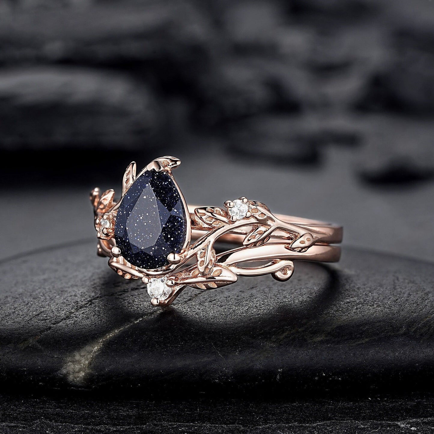 Nature Inspired Pear Shape Blue Sandstone Leaf Engagement Ring Set Rose Gold Twig Branch Promise Ring, Vine Anniversary Gift for Women - anerjuly