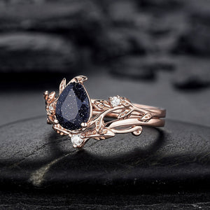 Nature Inspired Pear Shape Blue Sandstone Leaf Engagement Ring Set Rose Gold Twig Branch Promise Ring, Vine Anniversary Gift for Women - anerjuly