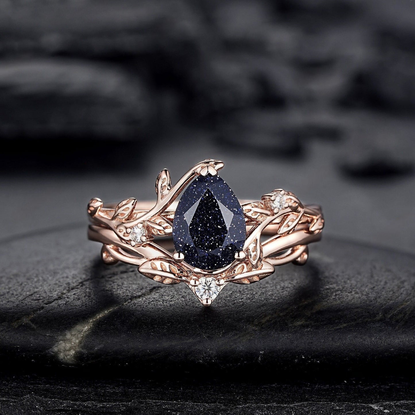 Nature Inspired Pear Shape Blue Sandstone Leaf Engagement Ring Set Rose Gold Twig Branch Promise Ring, Vine Anniversary Gift for Women - anerjuly