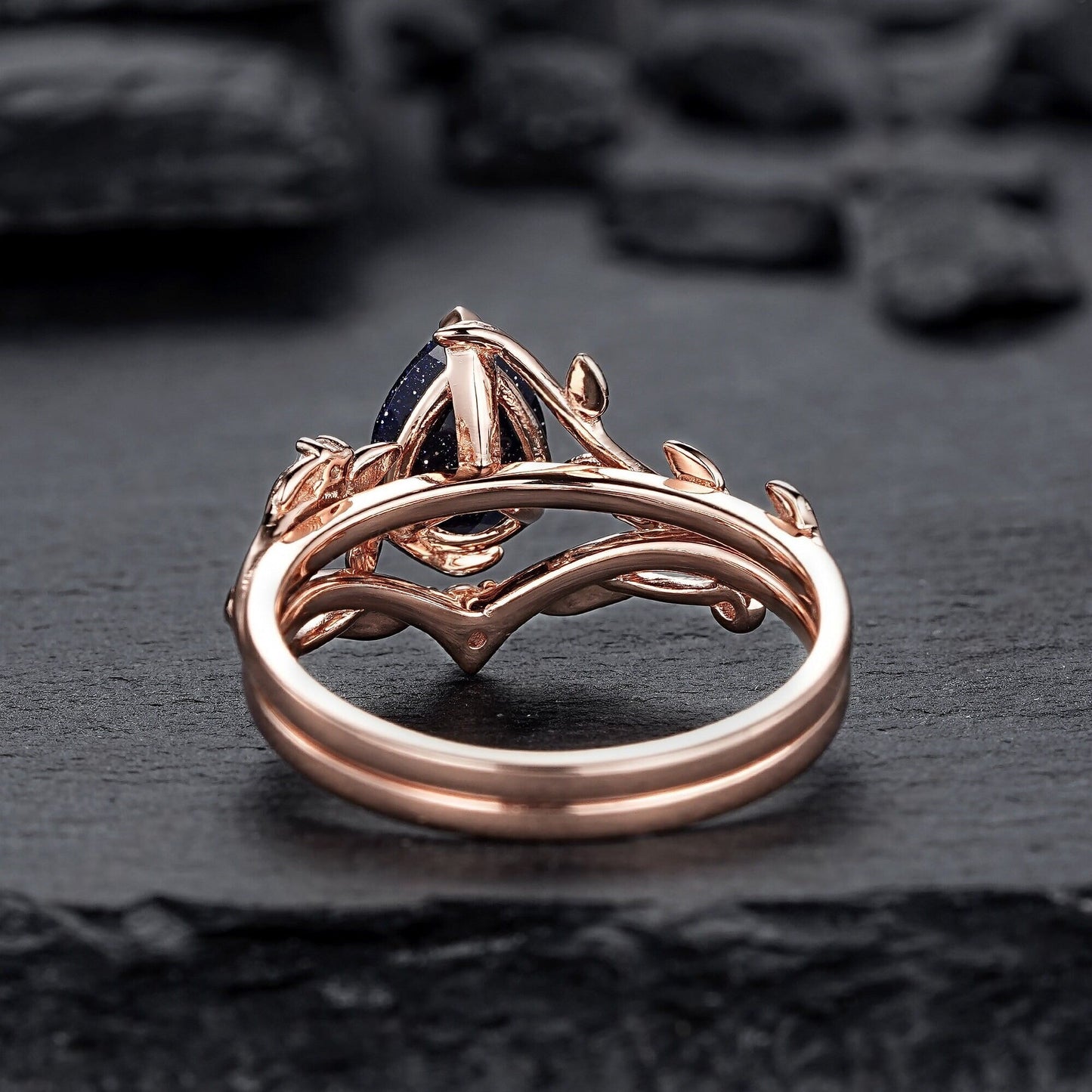 Nature Inspired Pear Shape Blue Sandstone Leaf Engagement Ring Set Rose Gold Twig Branch Promise Ring, Vine Anniversary Gift for Women - anerjuly