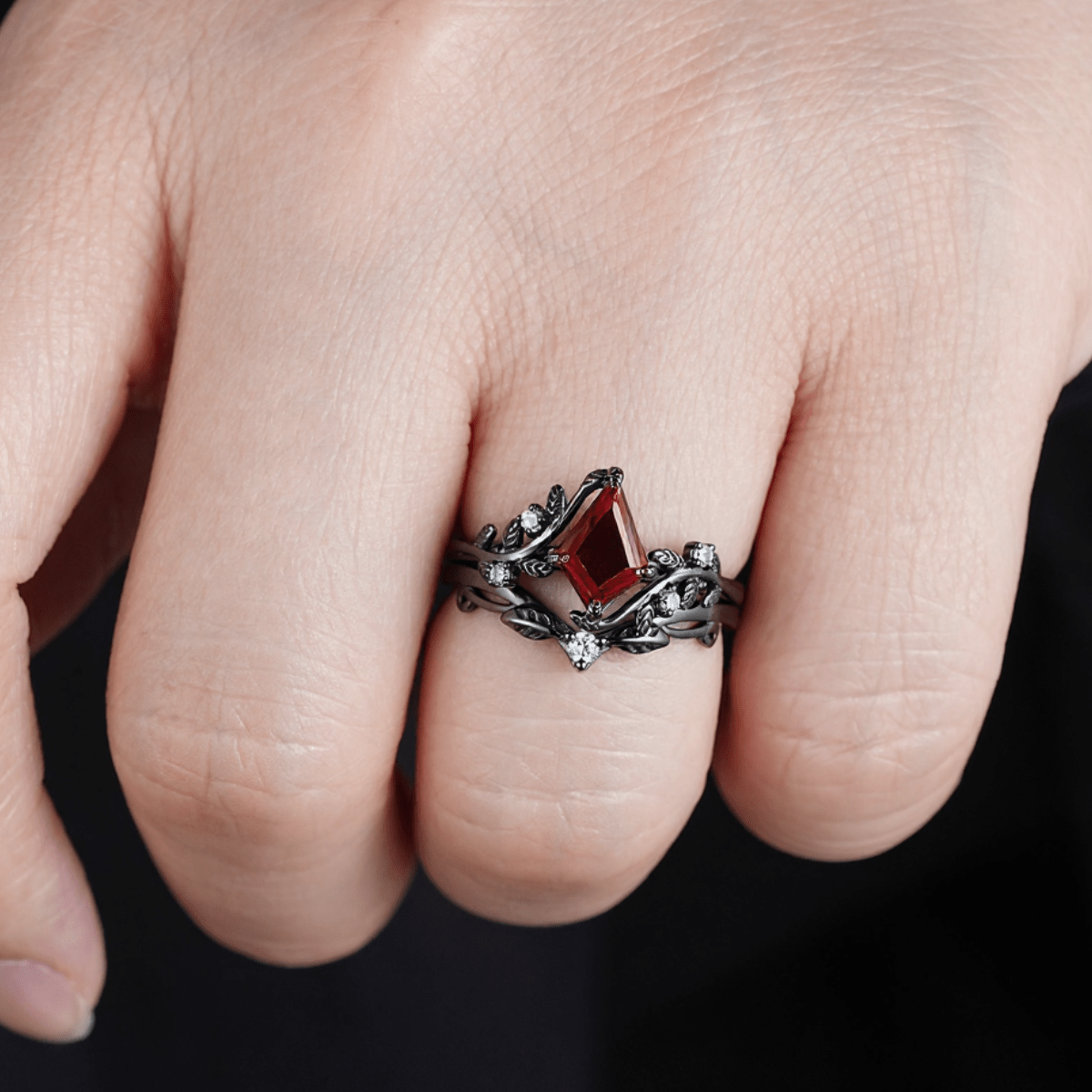 Nature Inspired Twig Branch Garnet Ring Black Gold Couple Rings Tungsten Wedding Band Promise Ring for Her - anerjuly
