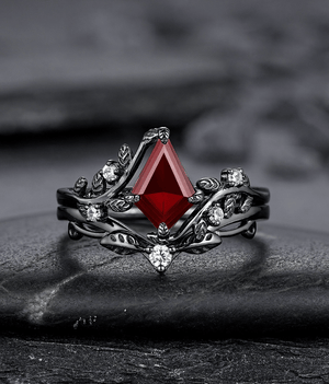 Nature Inspired Twig Branch Garnet Ring Black Gold Couple Rings Tungsten Wedding Band Promise Ring for Her - anerjuly
