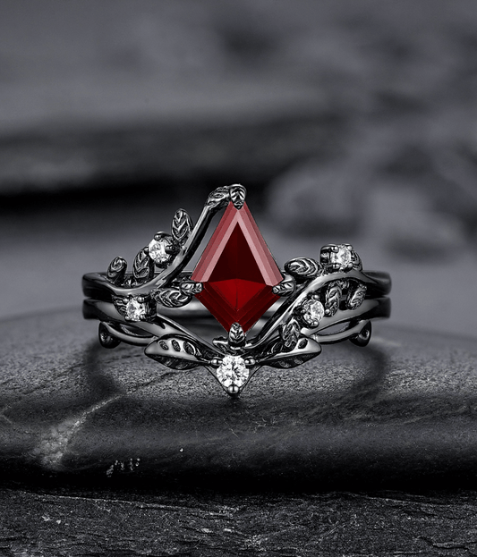 Nature Inspired Twig Branch Garnet Ring Black Gold Couple Rings Tungsten Wedding Band Promise Ring for Her - anerjuly