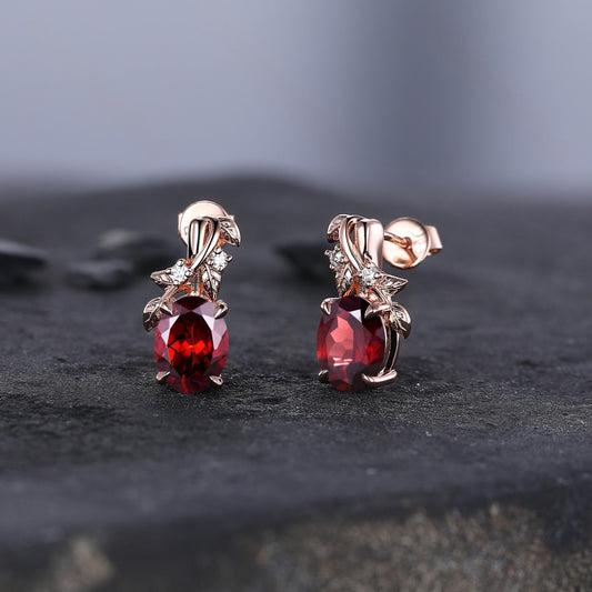 Olive Branch Garnet Earrings 14K Gold, 5mm Garnet Stud Earrings, Garnet Bridal Earrings, January Birthstone, Bride Wedding Gift, Wife Gift - anerjuly