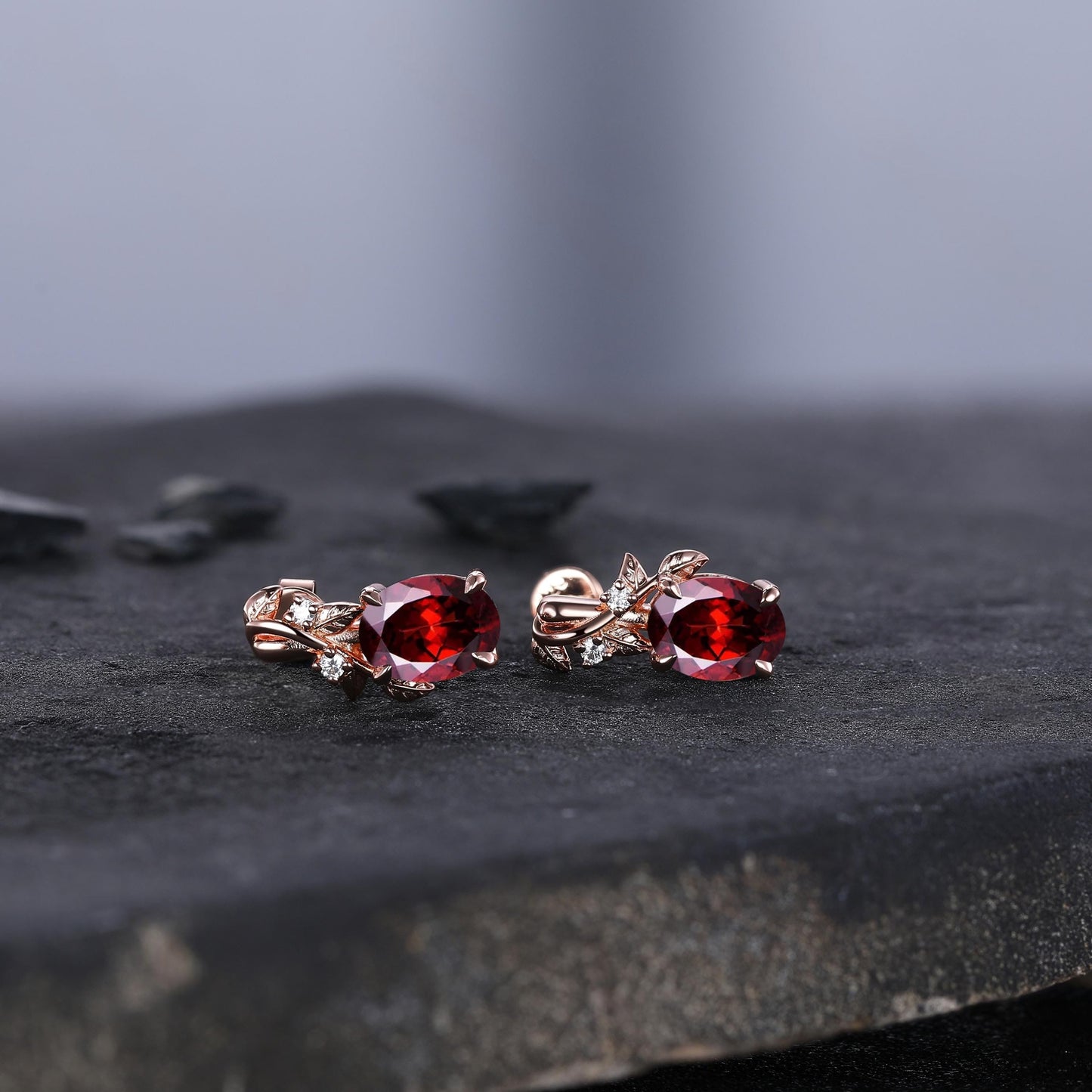 Olive Branch Garnet Earrings 14K Gold, 5mm Garnet Stud Earrings, Garnet Bridal Earrings, January Birthstone, Bride Wedding Gift, Wife Gift - anerjuly