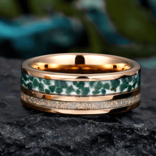 Opal - Moss Agate Inlay Tungsten Unisex Ring Hammered Moss Agate Men' s Ring - anerjuly