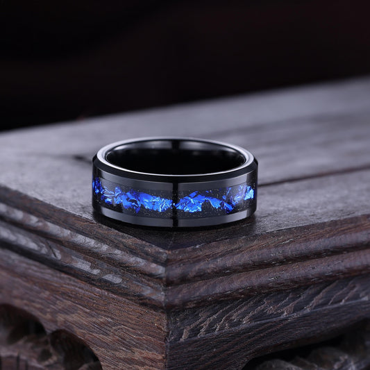 Orion Nebula Ring Unique Tungsten Men Ring Crushed Sapphire Wedding Band - anerjuly