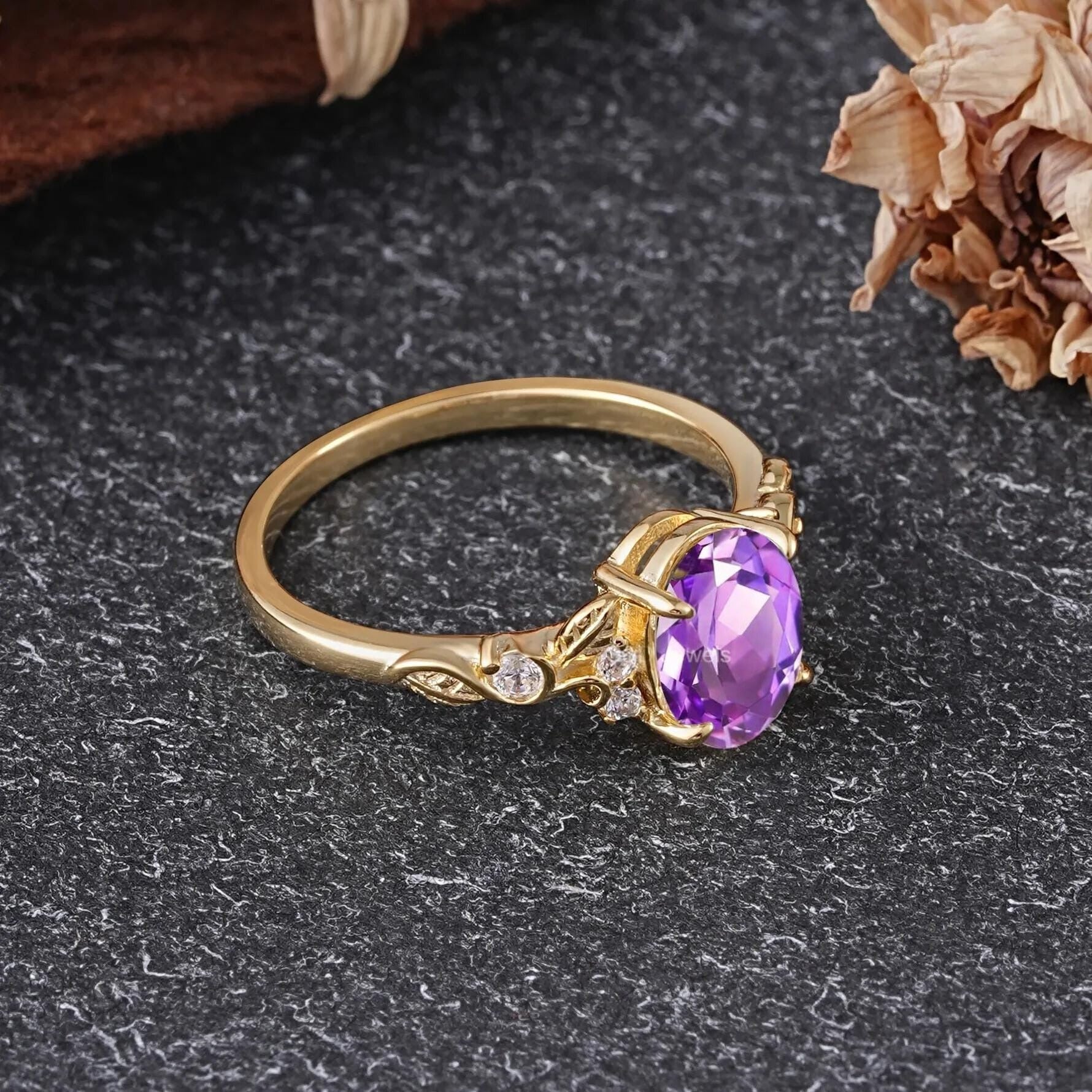 Oval Amethyst Engagement Ring Rose Gold Vintage Promise Ring - anerjuly