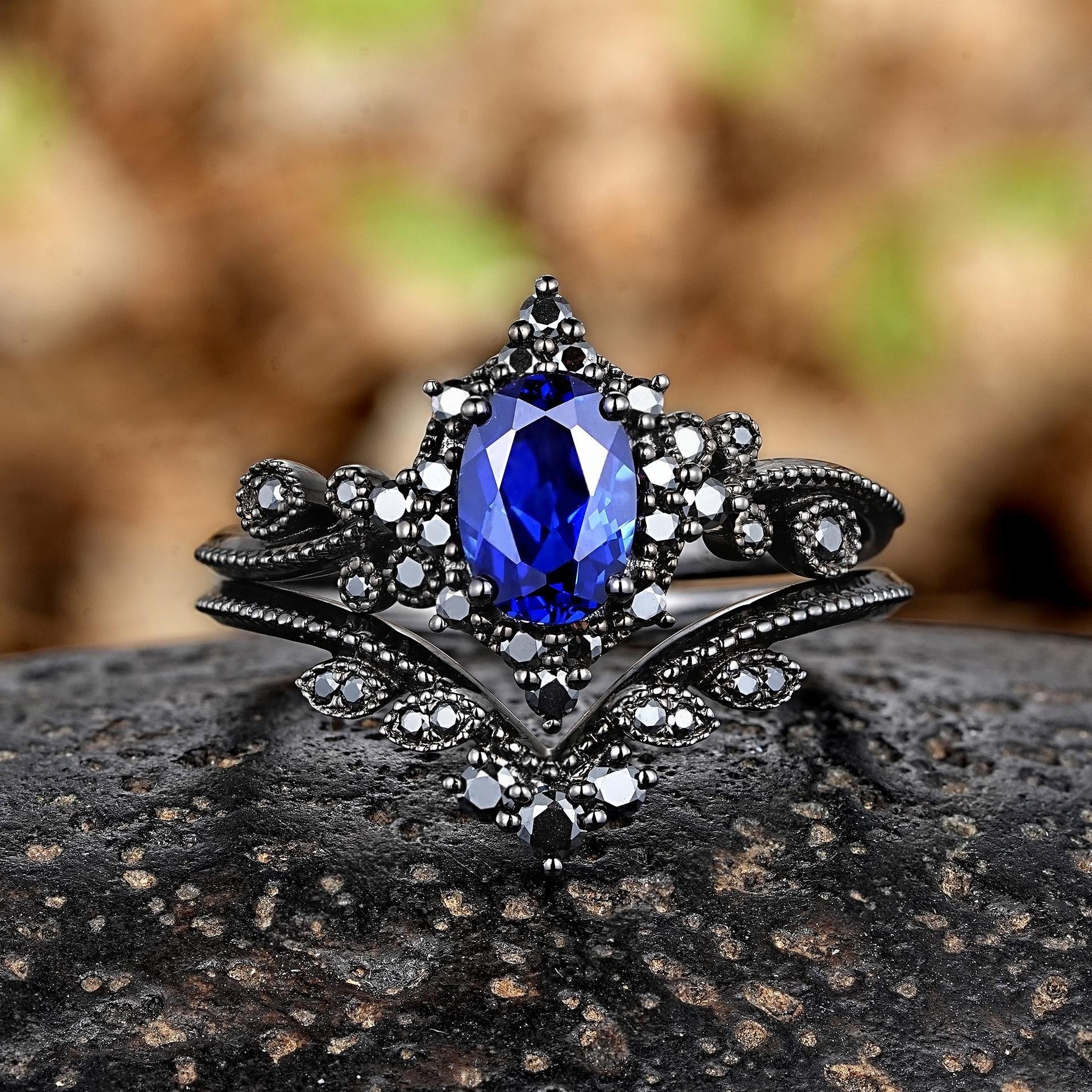 Oval Cornflower Blue Sapphire Engagement Ring Black Gold Black Gold His and Her Nature Inspired Bridal Set - anerjuly