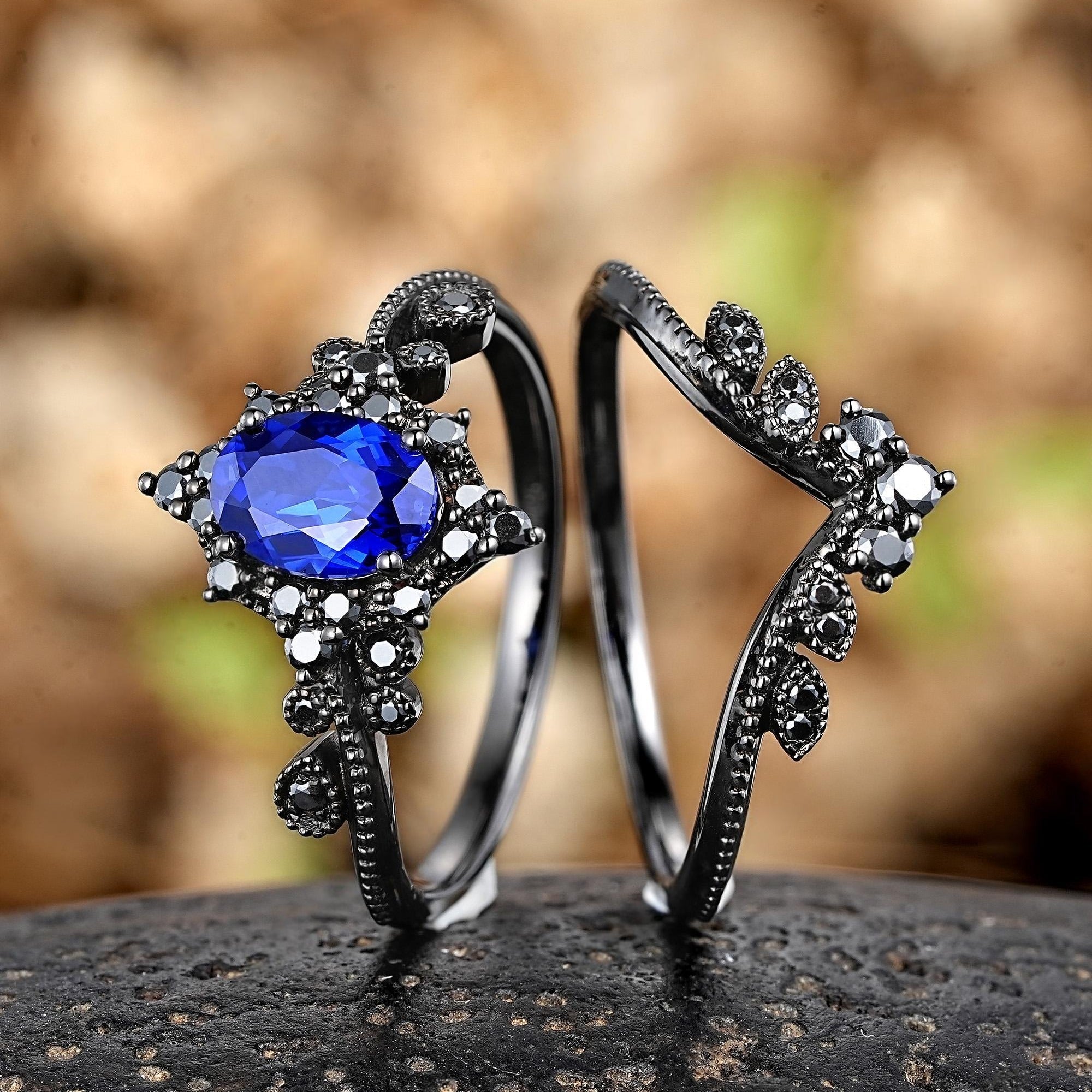 Oval Cornflower Blue Sapphire Engagement Ring Black Gold Natural Inspired Leaf Ring - anerjuly