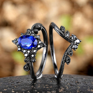 Oval Cornflower Blue Sapphire Engagement Ring Black Gold Natural Inspired Leaf Ring - anerjuly