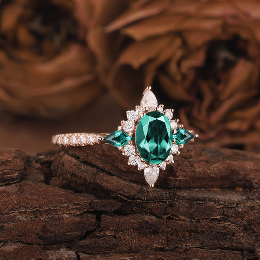 Oval Cut Emerald Engagement Ring White Gold Twig Branch Promise Wedding Ring Nature Inspired Vine Silver Bridal Set for her - anerjuly