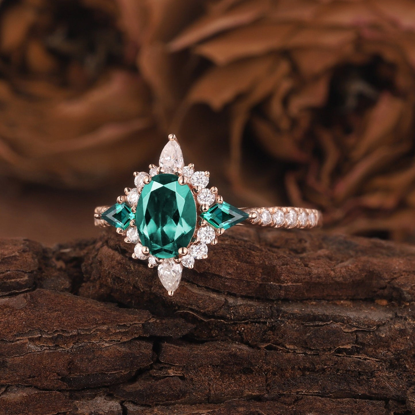Oval Cut Emerald Engagement Ring White Gold Twig Branch Promise Wedding Ring Nature Inspired Vine Silver Bridal Set for her - anerjuly