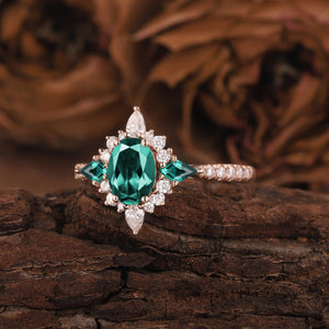 Oval Cut Emerald Engagement Ring White Gold Twig Branch Promise Wedding Ring Nature Inspired Vine Silver Bridal Set for her - anerjuly