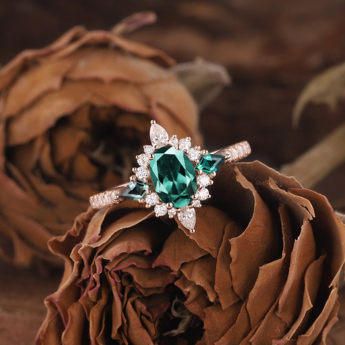 Oval Cut Emerald Engagement Ring White Gold Twig Branch Promise Wedding Ring Nature Inspired Vine Silver Bridal Set for her - anerjuly