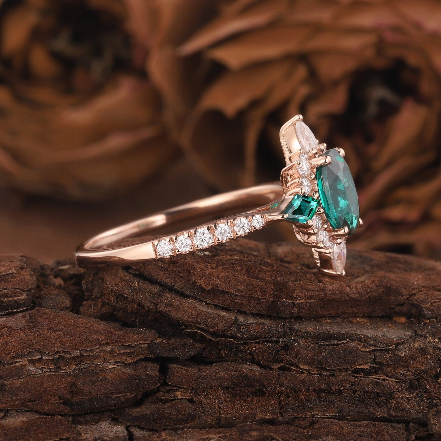 Oval Cut Emerald Engagement Ring White Gold Twig Branch Promise Wedding Ring Nature Inspired Vine Silver Bridal Set for her - anerjuly