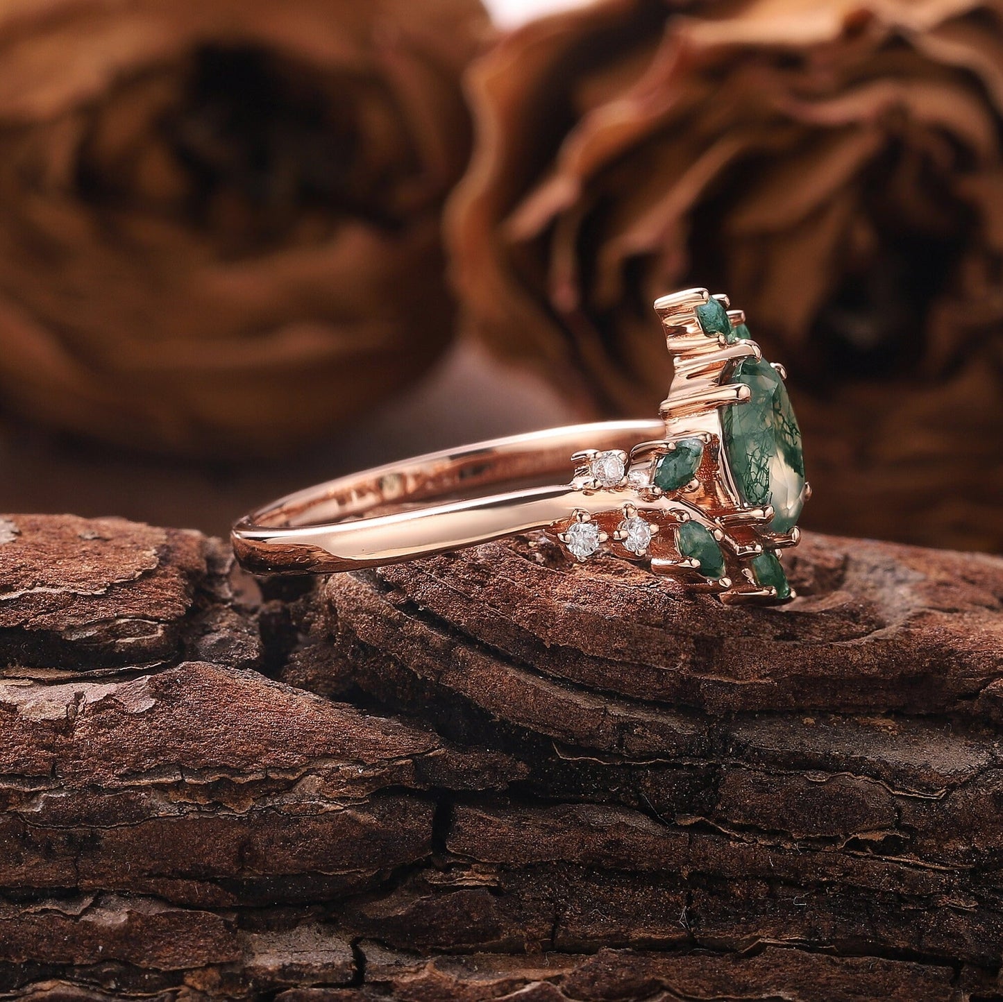 Oval Cut Moss Agate Engagement Ring Set Unique Twisted Split Shank Ring Rose Gold Green Agate Ring - anerjuly