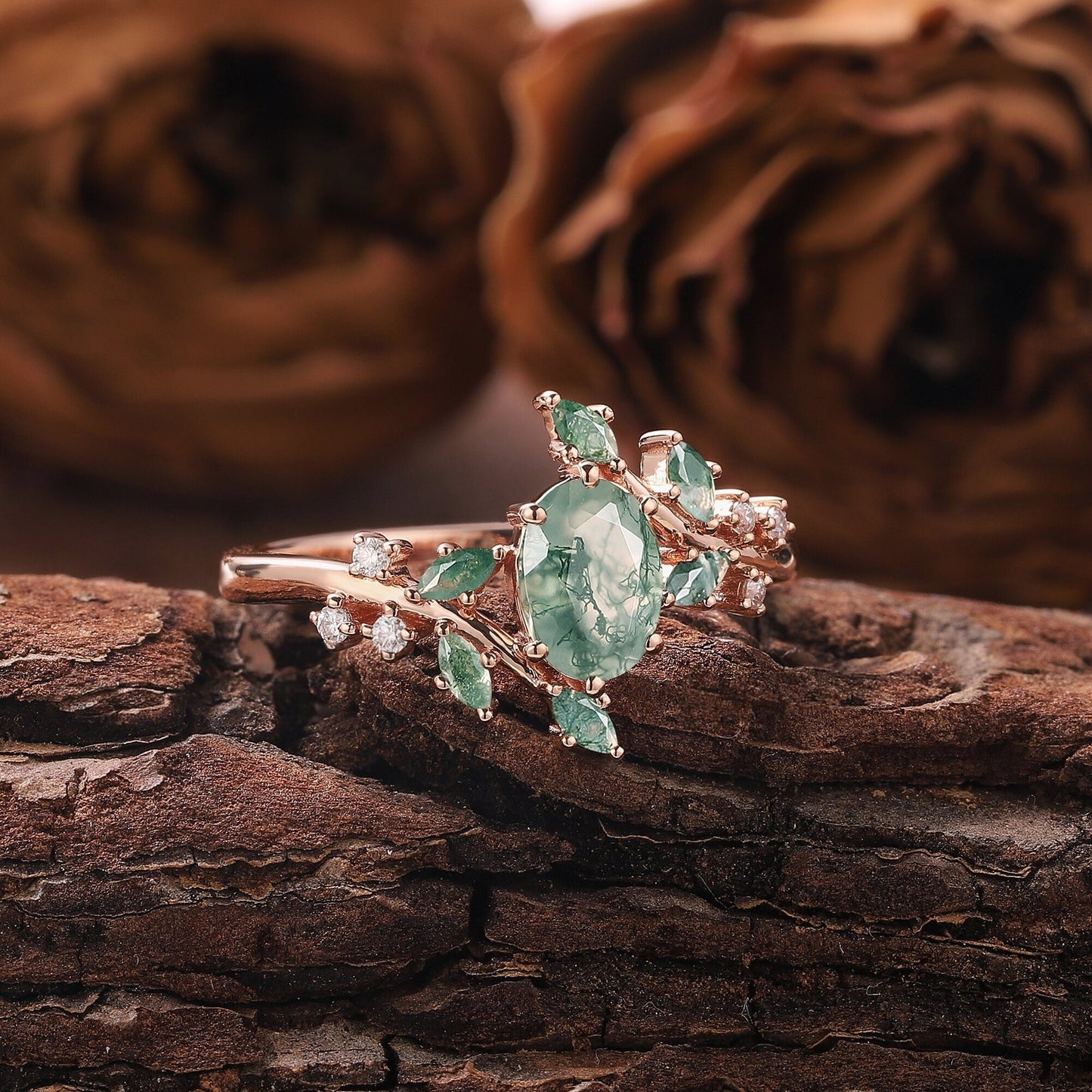 Oval Cut Moss Agate Engagement Ring Set Unique Twisted Split Shank Ring Rose Gold Green Agate Ring - anerjuly