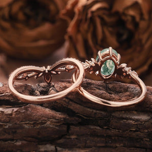 Oval Cut Moss Agate Unique Moss Agate Couple Ring His and Her Matching Wedding Band - anerjuly