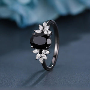 Oval Cut Natural Black Onyx S925 Ring Flowery Design Bridal Engagement Ring - anerjuly