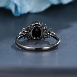 Oval Cut Natural Black Onyx S925 Ring Flowery Design Bridal Engagement Ring - anerjuly