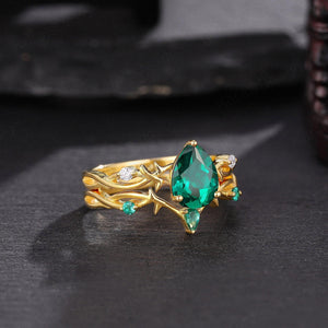 Oval Emerald Gold Vine Couple Rings Gold His & Her Matching Rings Men's Tungsten Couple Rings - anerjuly