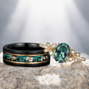 Oval Emerald Gold Vine Couple Rings Gold His & Her Matching Wedding Band Men's Tungsten Couple Rings - anerjuly