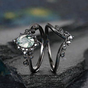 Oval Nature Moss Agate Milgrain Moss Agate Black Gold Ring Set Engagement Ring - anerjuly