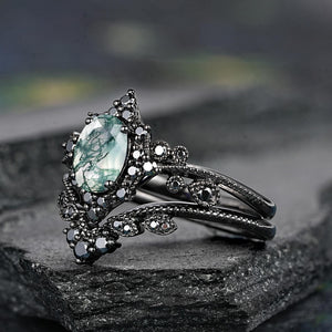 Oval Nature Moss Agate Milgrain Moss Agate Black Gold Ring Set Engagement Ring - anerjuly