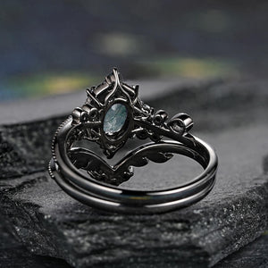 Oval Nature Moss Agate Milgrain Moss Agate Black Gold Ring Set Engagement Ring - anerjuly