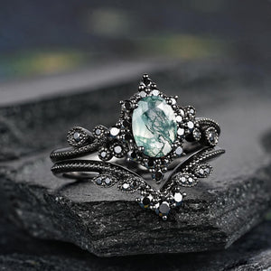 Oval Nature Moss Agate Milgrain Moss Agate Black Gold Ring Set Engagement Ring - anerjuly