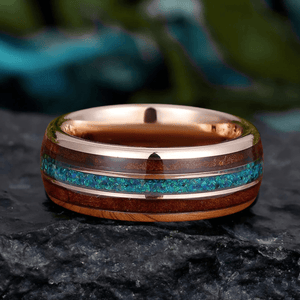 Peacock Blue Opal Wood Tungsten Wedding Band Glossy Substantial Men' s Unisex Ring - anerjuly